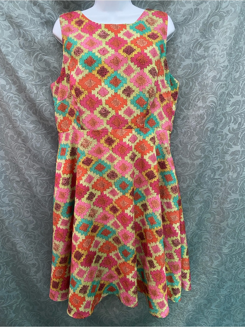 FERVOUR XL Faux Crochet Knit Patchwork Squares Tank Dress Illusion Op Art A-Line